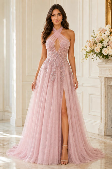 Vedress blush pink A-line prom dress with halter neckline floral embroidery keyhole bodice high slit and floor-length skirt