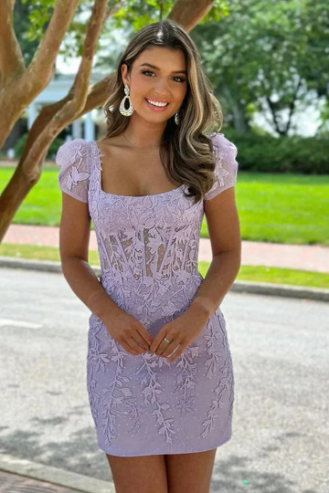 Dreamy Lavender Bodycon Square Puff Short Sleeve V Zip Back Mini Homecoming Dress