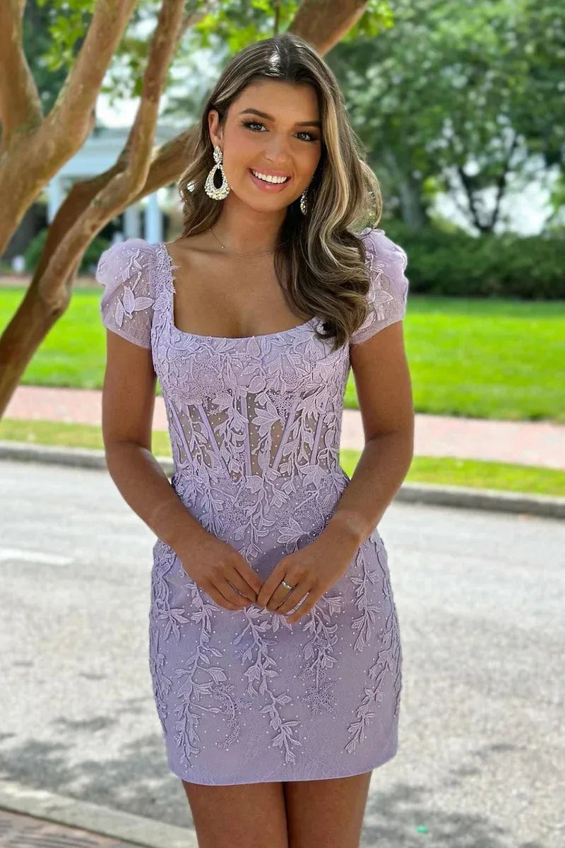 Dreamy Lavender Bodycon Square Puff Short Sleeve V Zip Back Mini Homecoming Dress