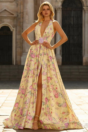 Vedress yellow floral A-line prom dress with plunging V neck sleeveless bodice floral waist detail and floor-length skirt