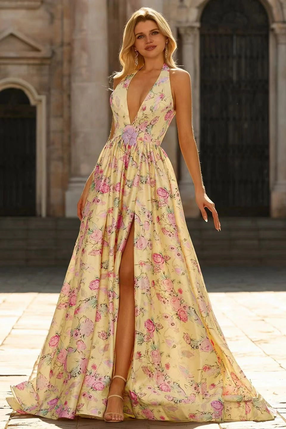 Dreamy A Line Plunging V Neck Sleeveless Open Back Long Prom Dress