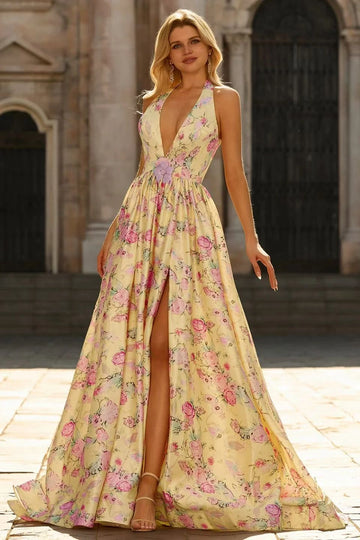 Dreamy A Line Plunging V Neck Sleeveless Open Back Long Prom Dress