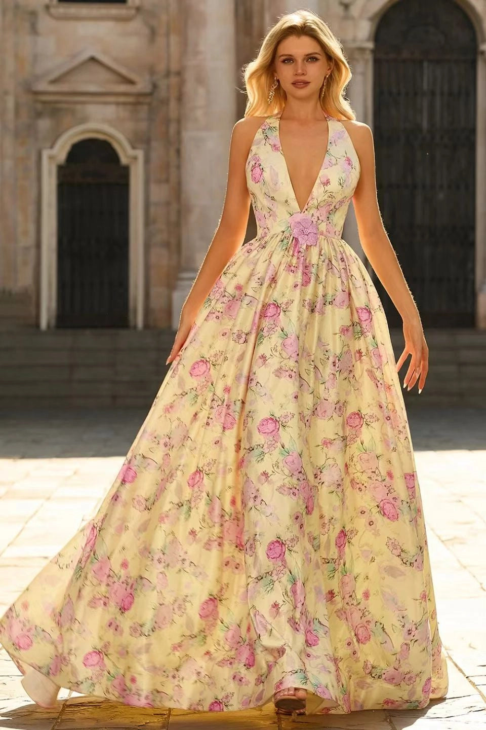 Dreamy A Line Plunging V Neck Sleeveless Open Back Long Prom Dress