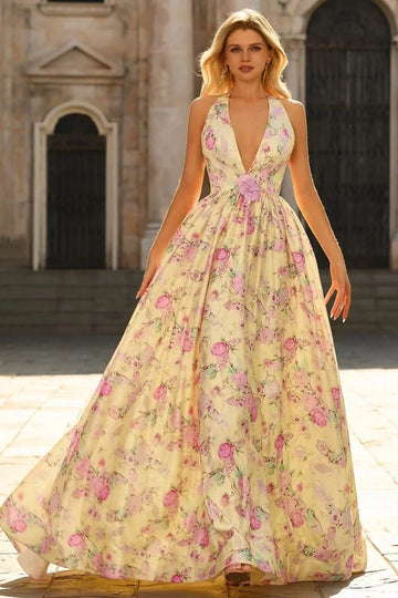 Dreamy A Line Plunging V Neck Sleeveless Open Back Long Prom Dress