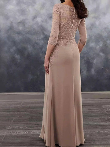 Taupe A-Line Bateau Neck Elbow Sleeve Pearl Button Back Floor-Length Mother Of The Bride Dress