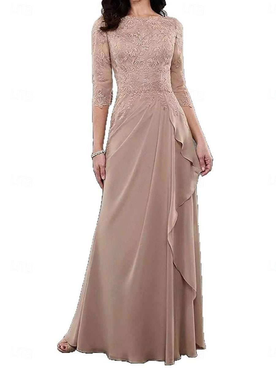 Taupe A-Line Bateau Neck Elbow Sleeve Pearl Button Back Floor-Length Mother Of The Bride Dress