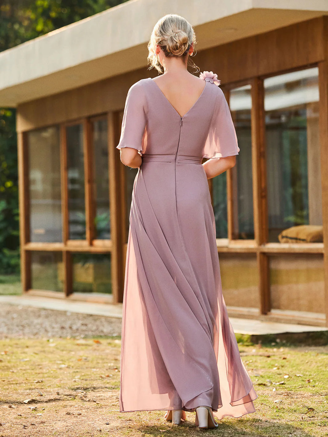 Chiffon V-Neck Mother of the Bride Dress, Short Flutter Sleeve Formal Evening Gown