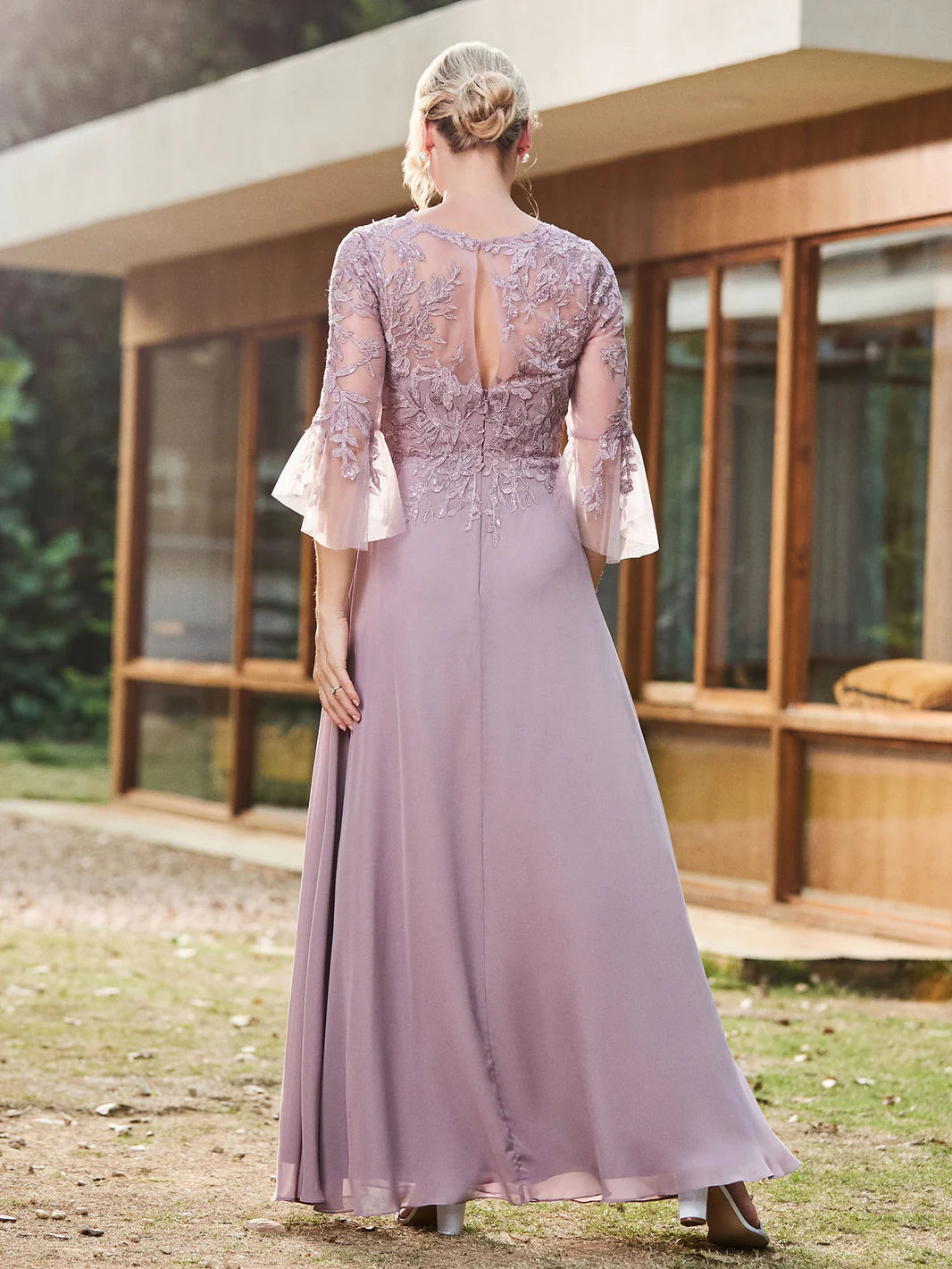 Lace Appliques Chiffon Mother of the Bride Dress, Illusion Neck 3/4 Bell Sleeve Wedding Guest Dress