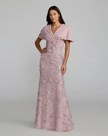 Vedress dusty pink mermaid mother of the bride dress,deep v‑neck,flowy cape sleeves,ruched chiffon bodice,3D floral appliques,sequin embroidered skirt,floor length.
