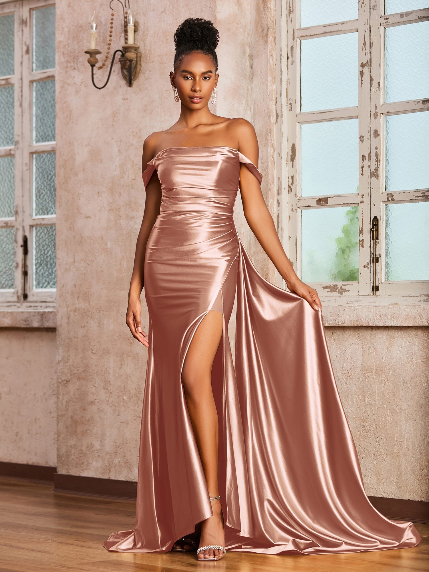 Satin Off-the-Shoulder Formal Gown Ruched Bodice High Slit Mermaid Maxi Dress with Sweep Train for Wedding Guest and Evening Events