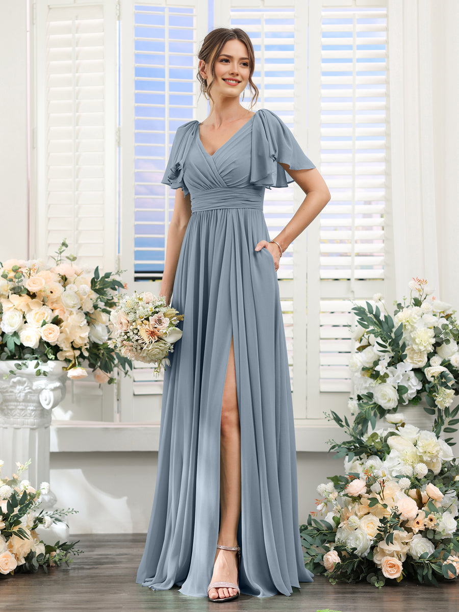 A-Line Chiffon V-Neck Short Sleeves Wedding Guest Bridesmaid Dresses with Split Side & Pockets