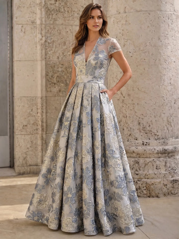 Ball gown V-neck cap sleeve evening gown with floral jacquard pattern, pleated full skirt, side pockets, sheer illusion back, and back zipper