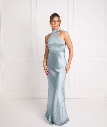 Halter Neck Satin Bridesmaid Dress Satin Column Gown with Keyhole Cutout Bohemian Wedding Evening Gown