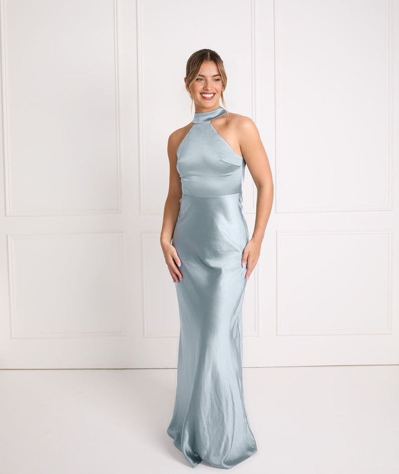 Halter Neck Satin Bridesmaid Dress Satin Column Gown with Keyhole Cutout Bohemian Wedding Evening Gown