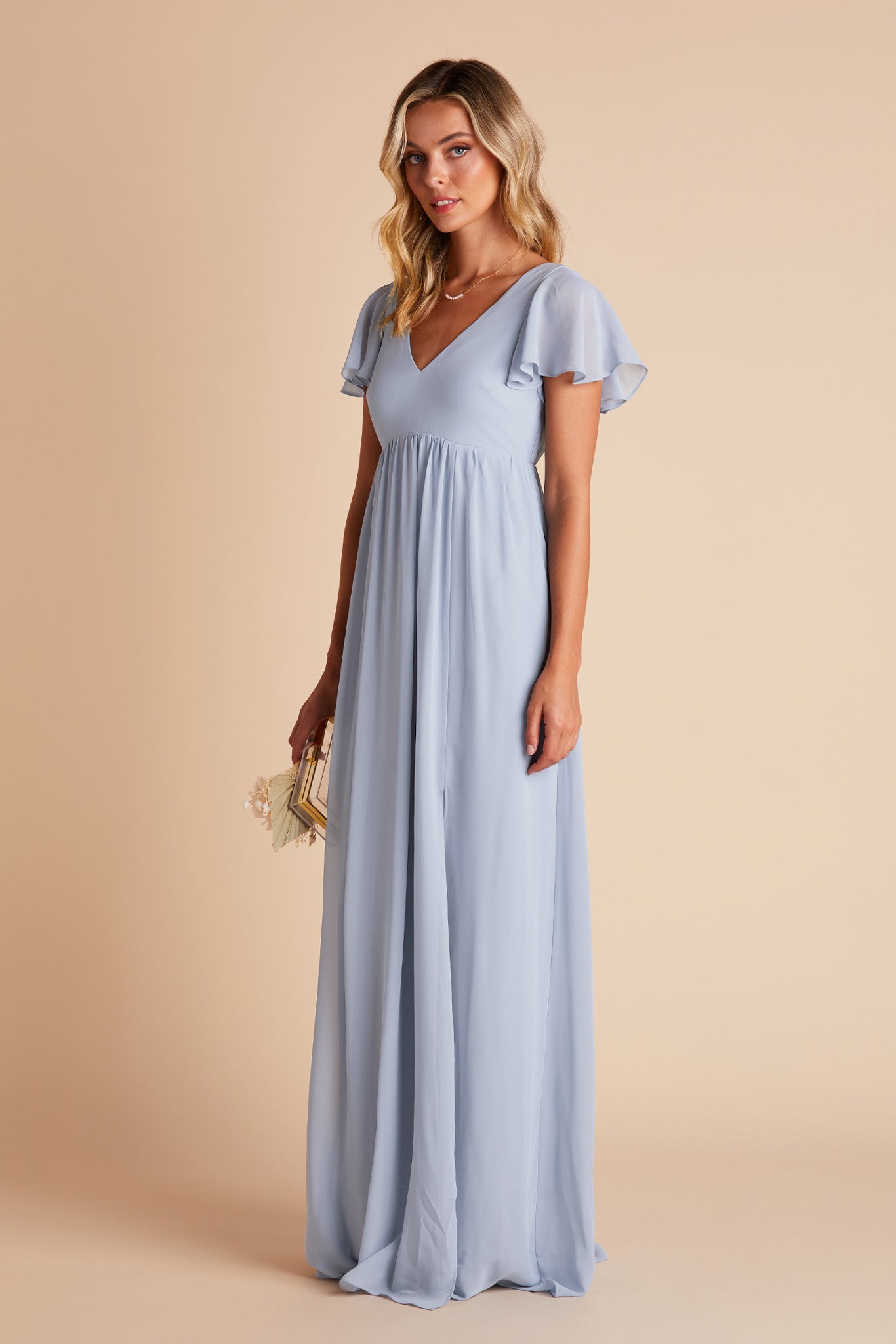 Women's V-Neck Flutter Sleeve Chiffon Bridesmaid Dresses Maxi Dress with Empire Waist & Side Slit Formal Evening Gown