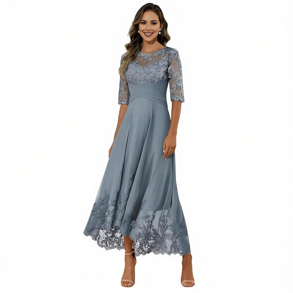 Lace Chiffon Mother of the Bride Dress - 3/4 Sleeve Tea Length Formal Wedding Guest Dress with Keyhole Back