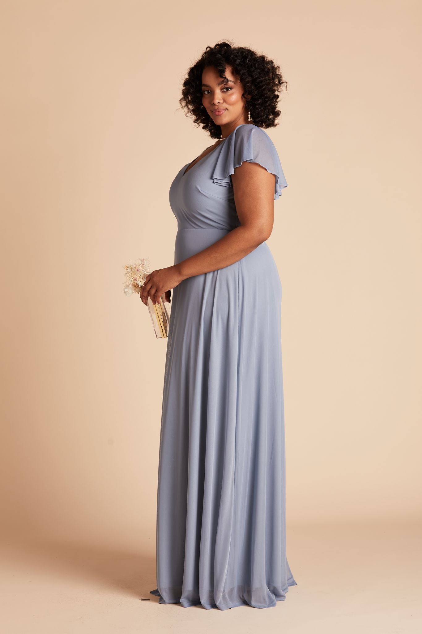 Women's V-Neck Flutter Sleeve Chiffon Bridesmaid Dresses Maxi Dress with Empire Waist & Side Slit Formal Evening Gown
