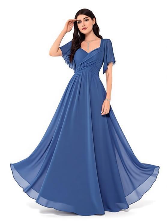 Square Neck Flutter Sleeve Chiffon Bridesmaid Dress - A-Line Floor Length Formal Evening Gown with Lace-Up Back for Wedding Guest & Party