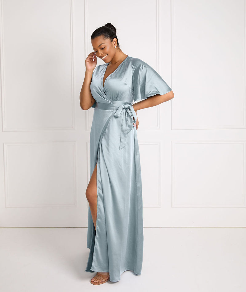 Elegant V-Neck Wrap Dress with Cape Sleeves High Slit Gown Bridesmaid Dresses Asymmetric Hem