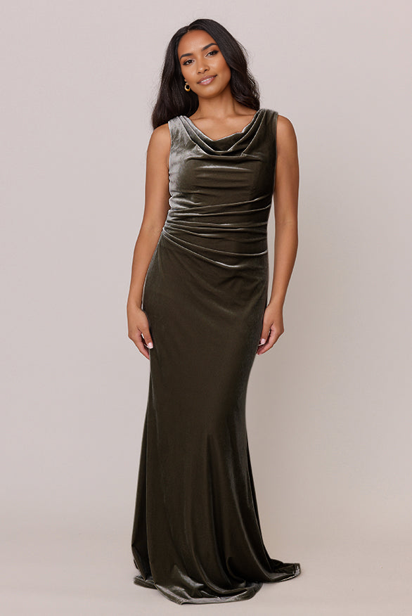 Mermaid Fall and Winter Elegant Velvet Plunging Neckline Bridesmaid Dress Floor length Keyhole Back Button Detail Evening Gown