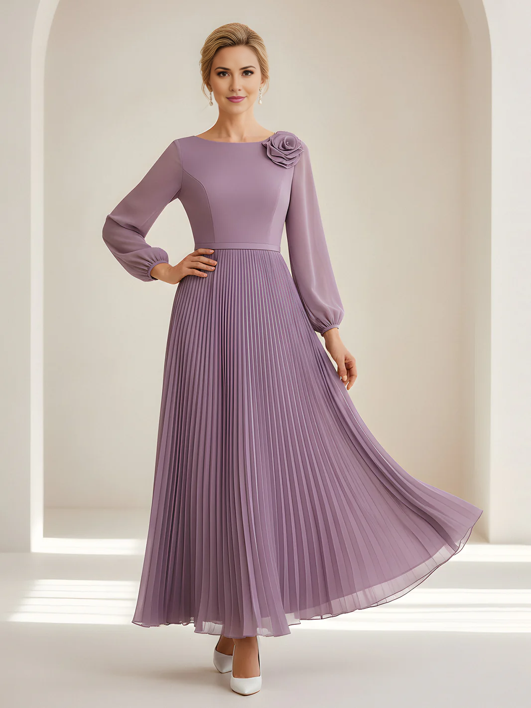 Chiffon Pleated Maxi Dress with Long Puff Sleeves Formal Gown for Mother of the Bride