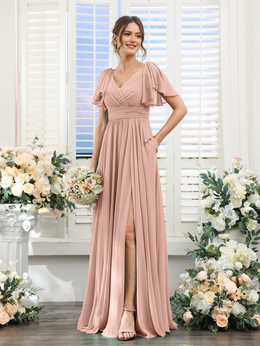 A-Line Chiffon V-Neck Short Sleeves Wedding Guest Bridesmaid Dresses with Split Side & Pockets