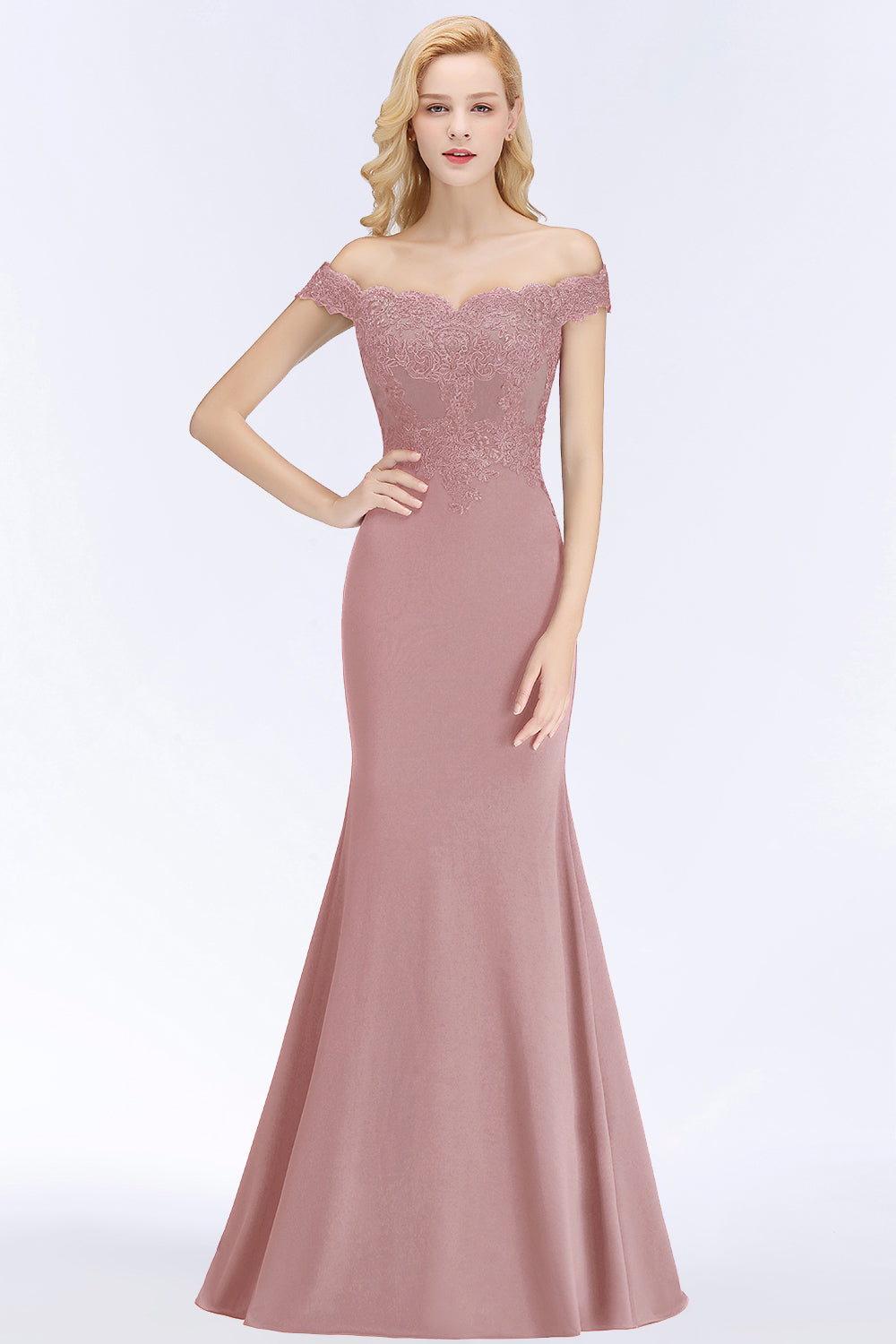 Mermaid Elegant Long Off The Shoulder Satin Appliques Lace Floor Length Bridesmaid Dresses Evening Gown