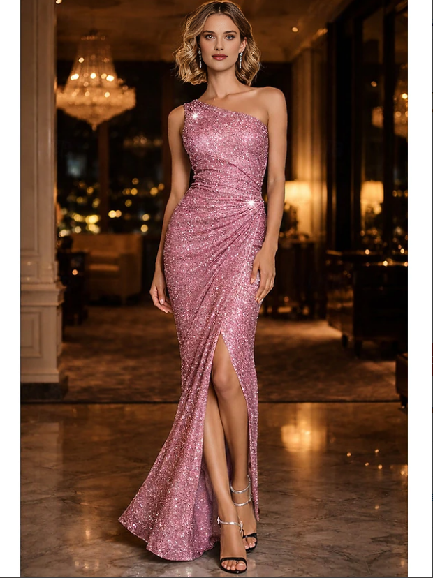 Glamorous Mermaid Metallic One Shoulder Sleeveless Open Back Slit Floor Length Evening Gown
