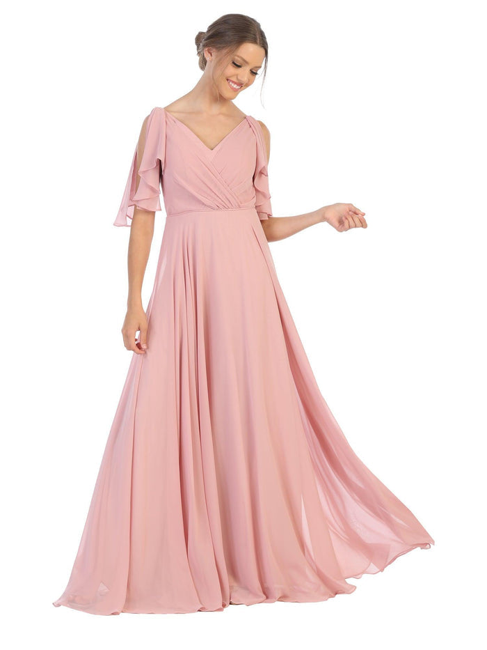 Women's V-Neck Chiffon Flutter Sleeve Ruffle Maxi Dress Long Formal Bridesmaids Dress