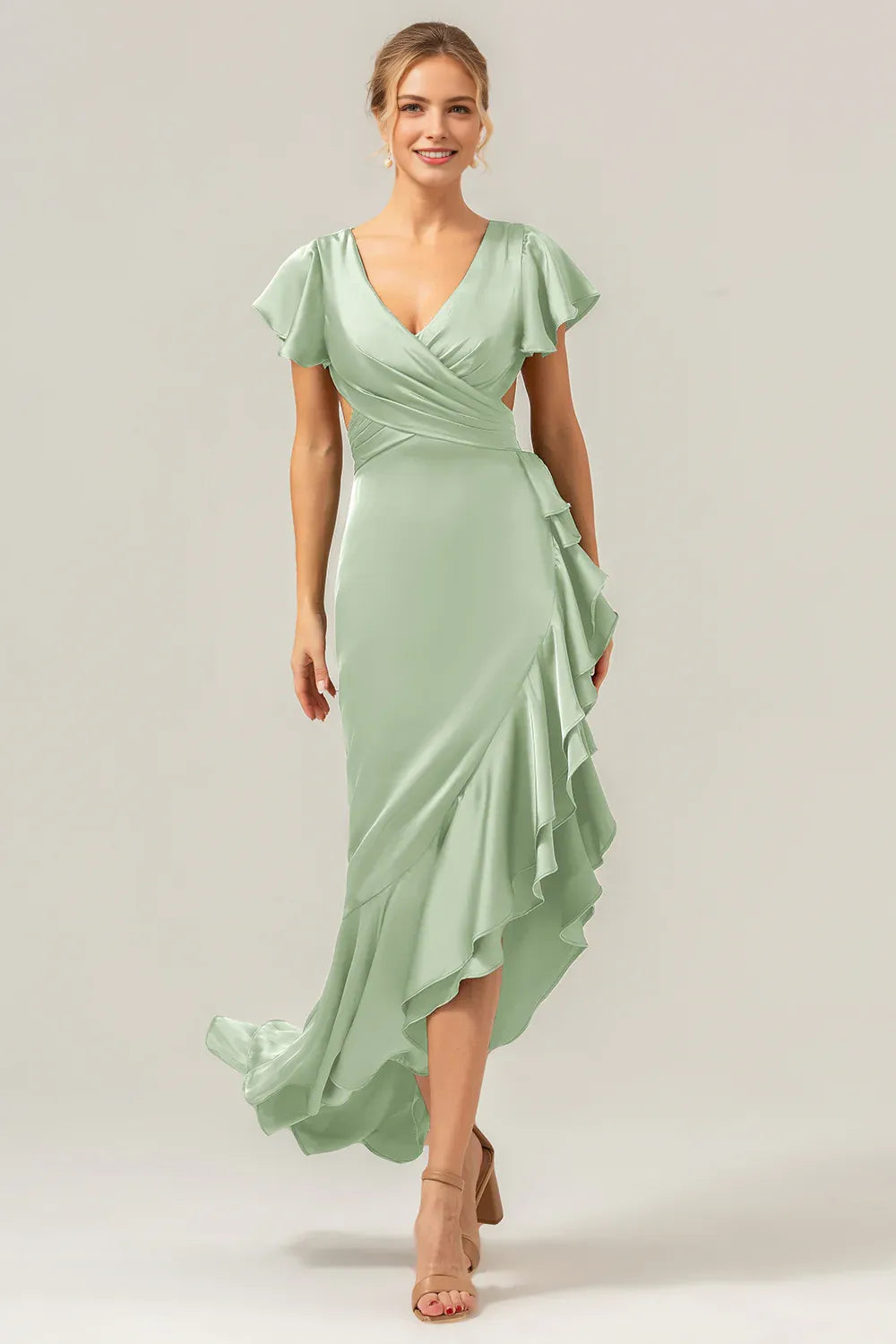 Refined Sheath V-Neck Flutter Sleeve Satin Side-Cutout Ruffle High-Low Formal Wedding Guest Dress
