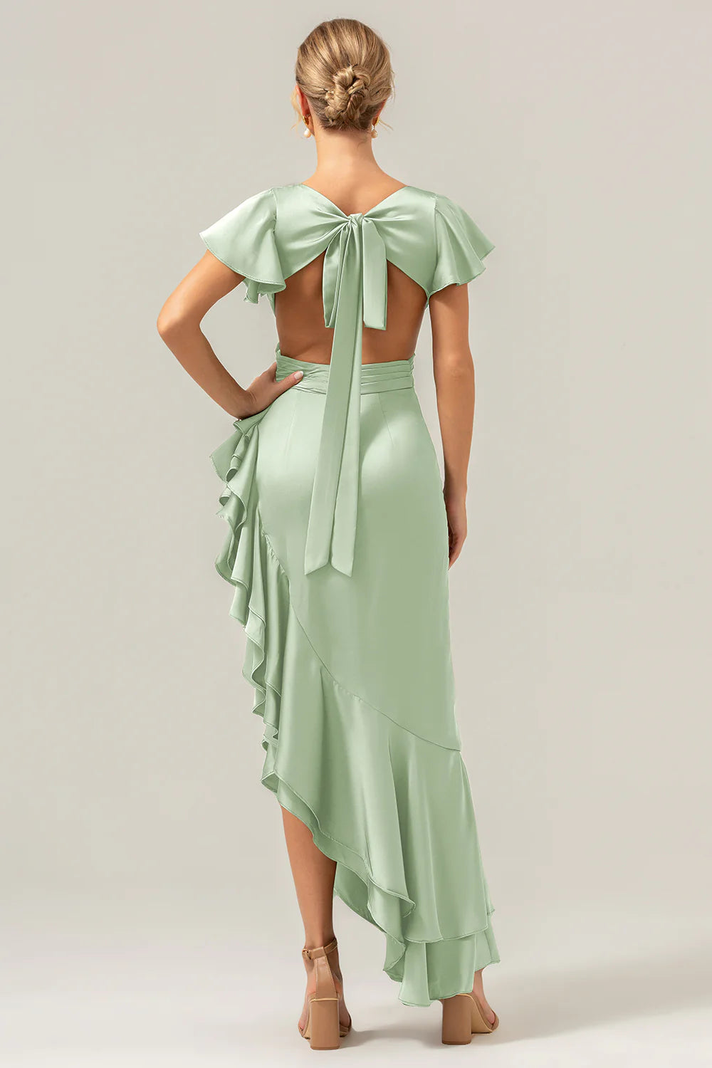 Refined Sheath V-Neck Flutter Sleeve Satin Side-Cutout Ruffle High-Low Formal Wedding Guest Dress