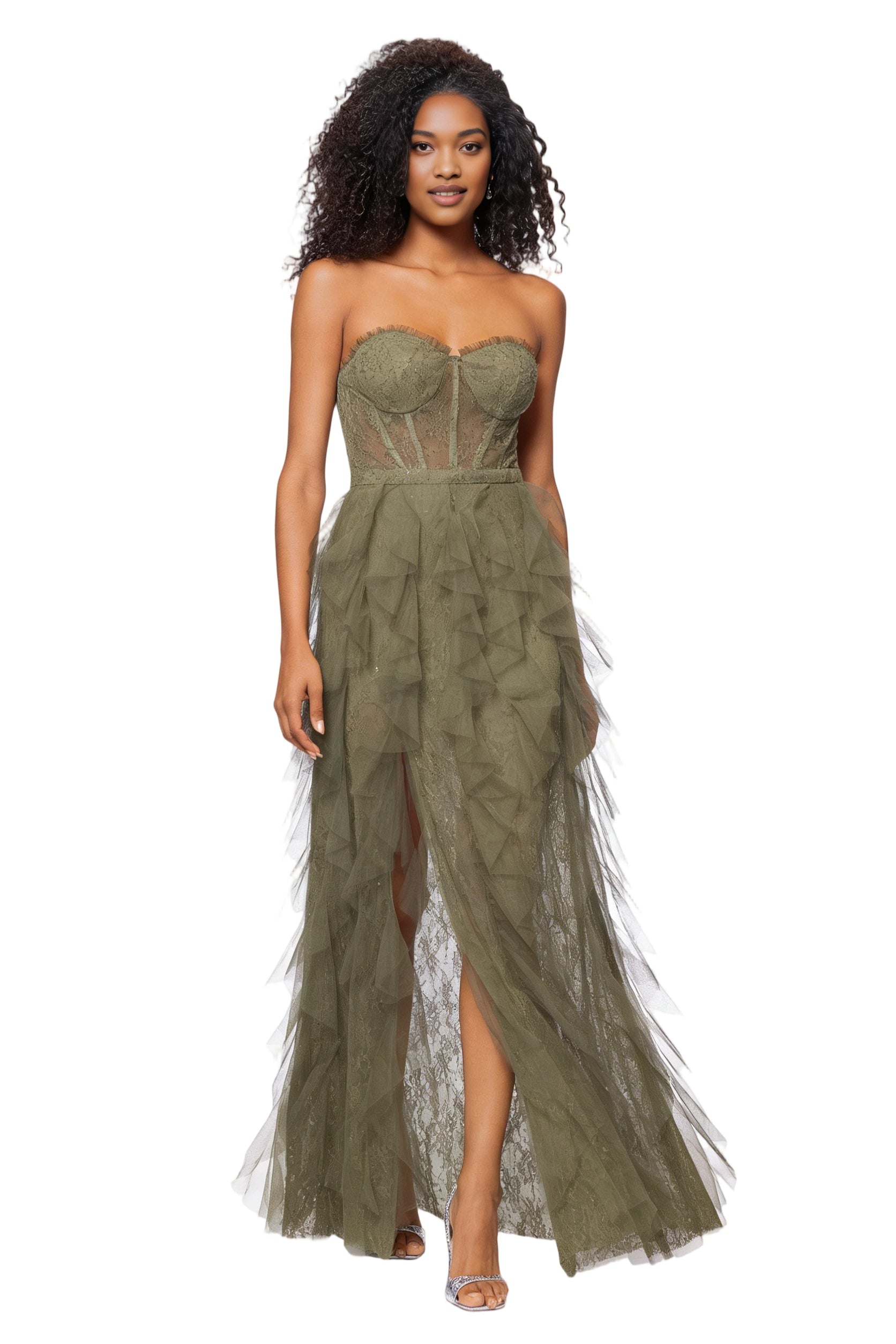Women's Strapless Corset Bodice Gown with Layered Tulle Skirt and High Slit Evening Gown