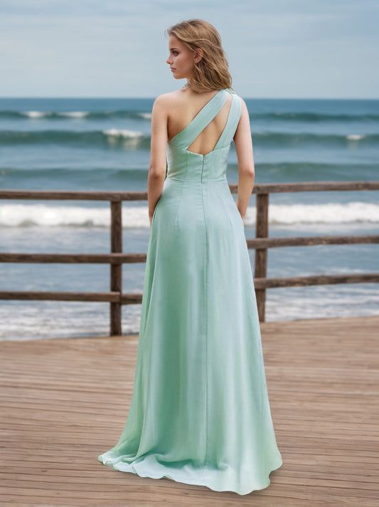 A-Line/Princess One-Shoulder Sleeveless Floor-Length With Floral Soft Satin Bridesmaid Dresses with Split Side