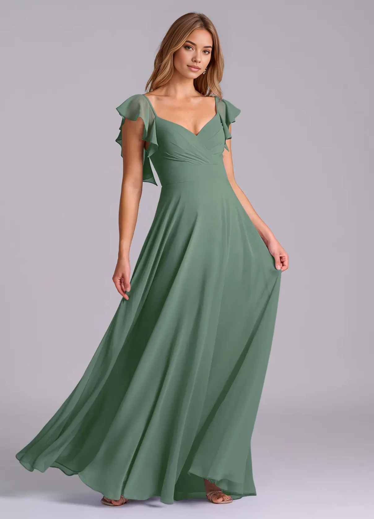 Women's Formal Dress A-Line Sleeveless Deep V-Neck Gown with Pleated Chiffon Bridesmaid Dresses