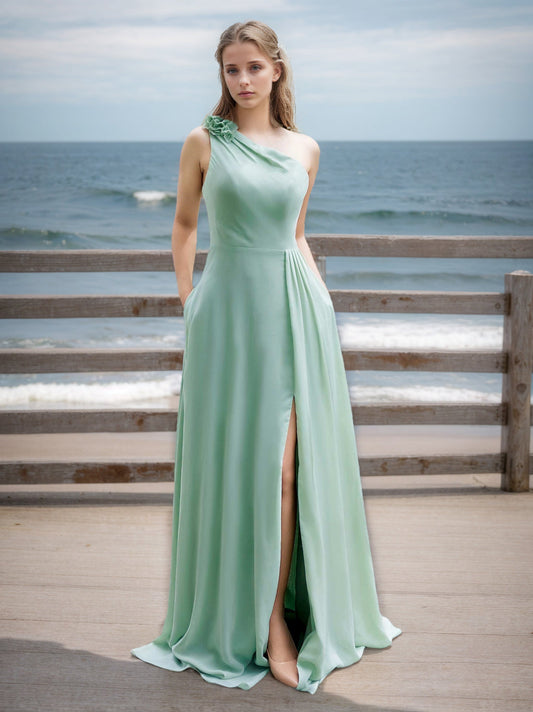 A-Line/Princess One-Shoulder Sleeveless Floor-Length With Floral Soft Satin Bridesmaid Dresses with Split Side