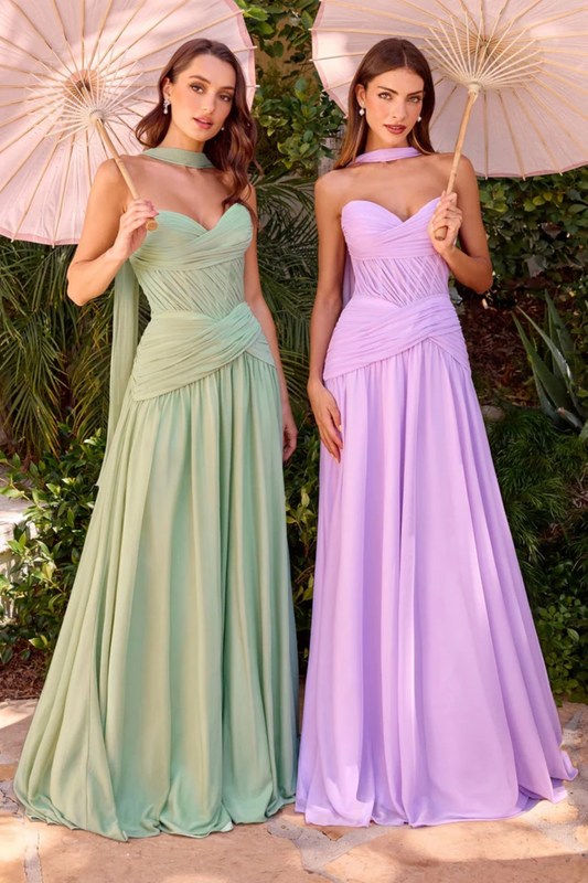 Halter Neck Strapless Sweetheart Chiffon Maxi Dress with Ruched Bodice & Draped Sash Formal Evening Gown