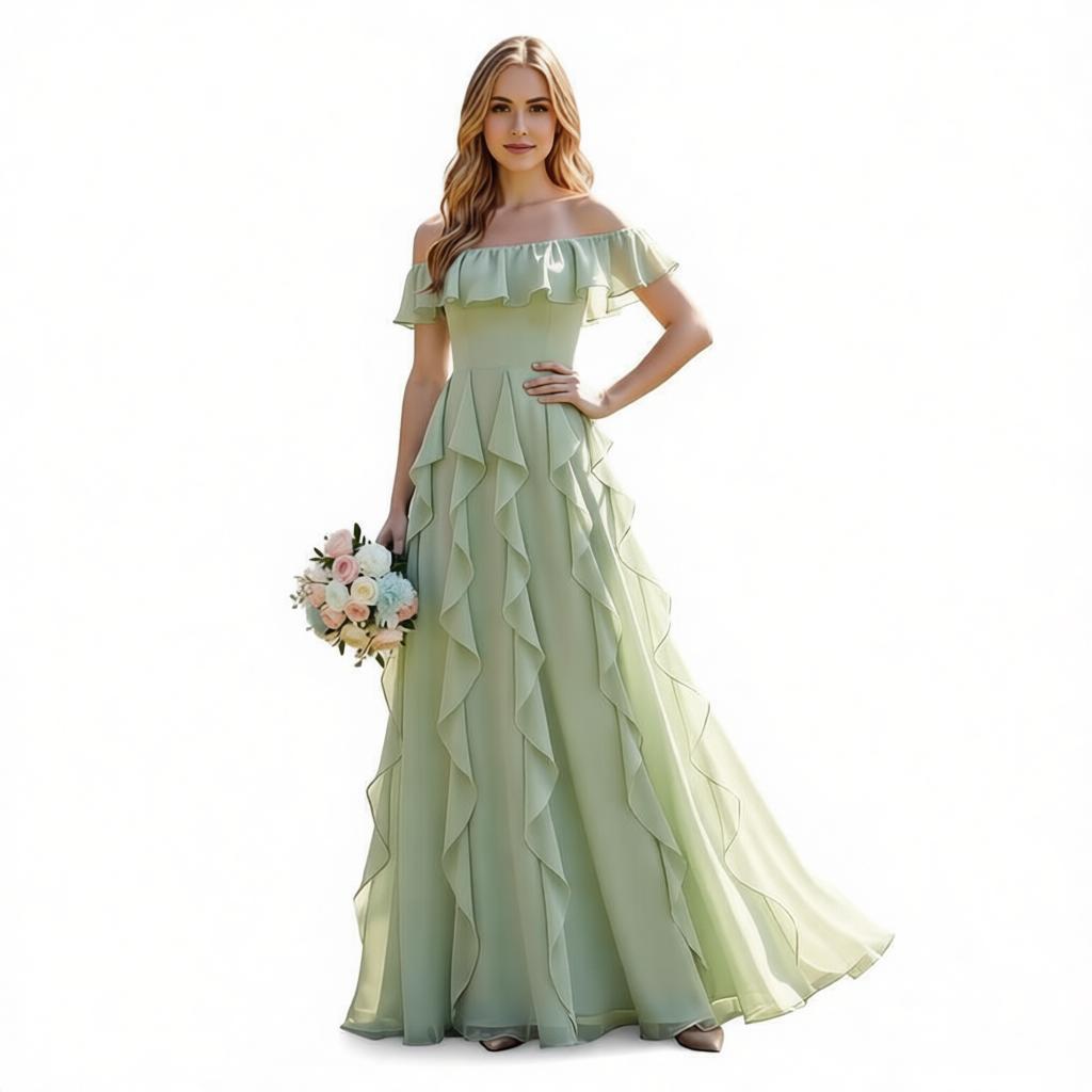 Off-the-Shoulder Ruffled Chiffon Bridesmaid Dress - Floor-Length Formal Evening Gown