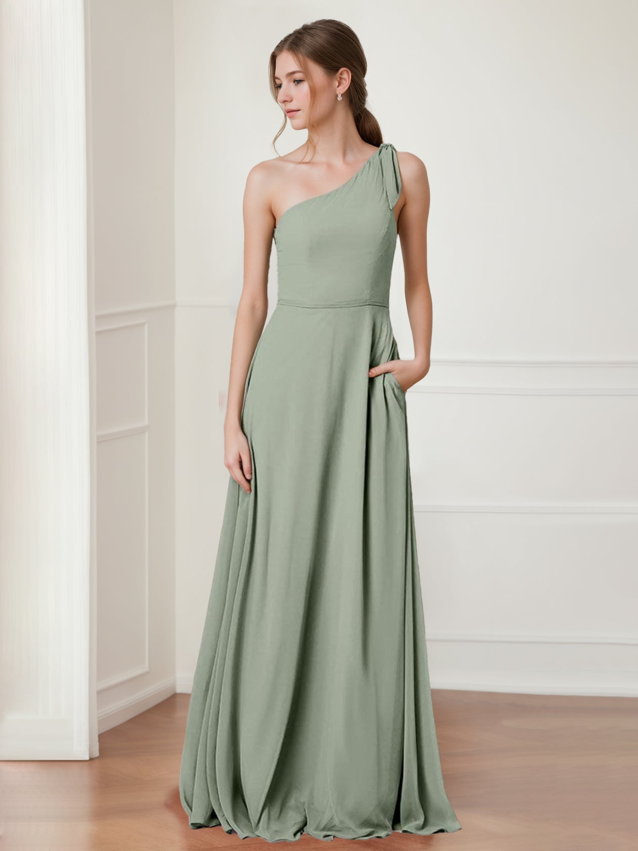 A Line/Princess One-Shoulder Sleeveless Chiffon Floor-Length Bridesmaid Dresses with Bowknot Prom Dresses