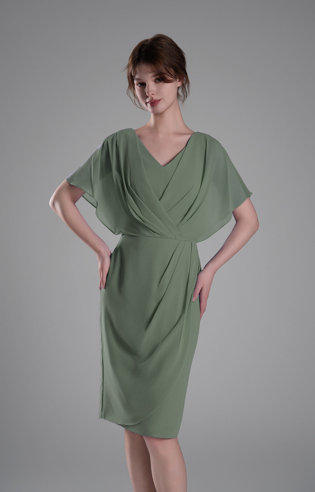 Elegant Chiffon Cocktail Dress V-Neck Pleated Cape Knee-length Flutter Sleeve Wedding Guest Dress with Ruched Waist