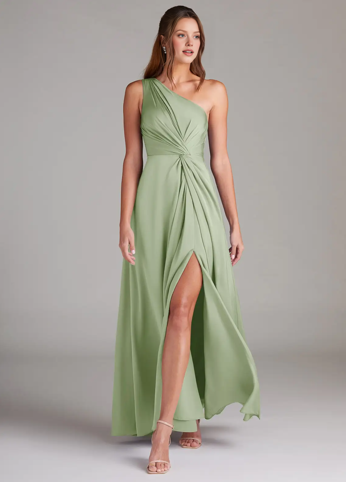 Elegant One-Shoulder Satin Evening Gown Party Wedding Guest Dresses with High Slit and Draped Waist Detail
