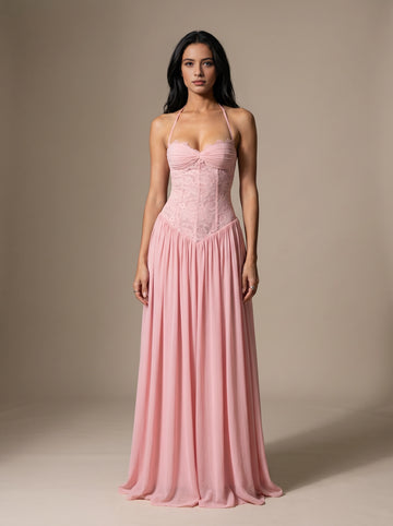 Vedress dusty pink bridesmaid dress,front view halter neck,ruched bust,lace corset bodice,flowy chiffon A‑line floor‑length skirt,plain neutral studio background