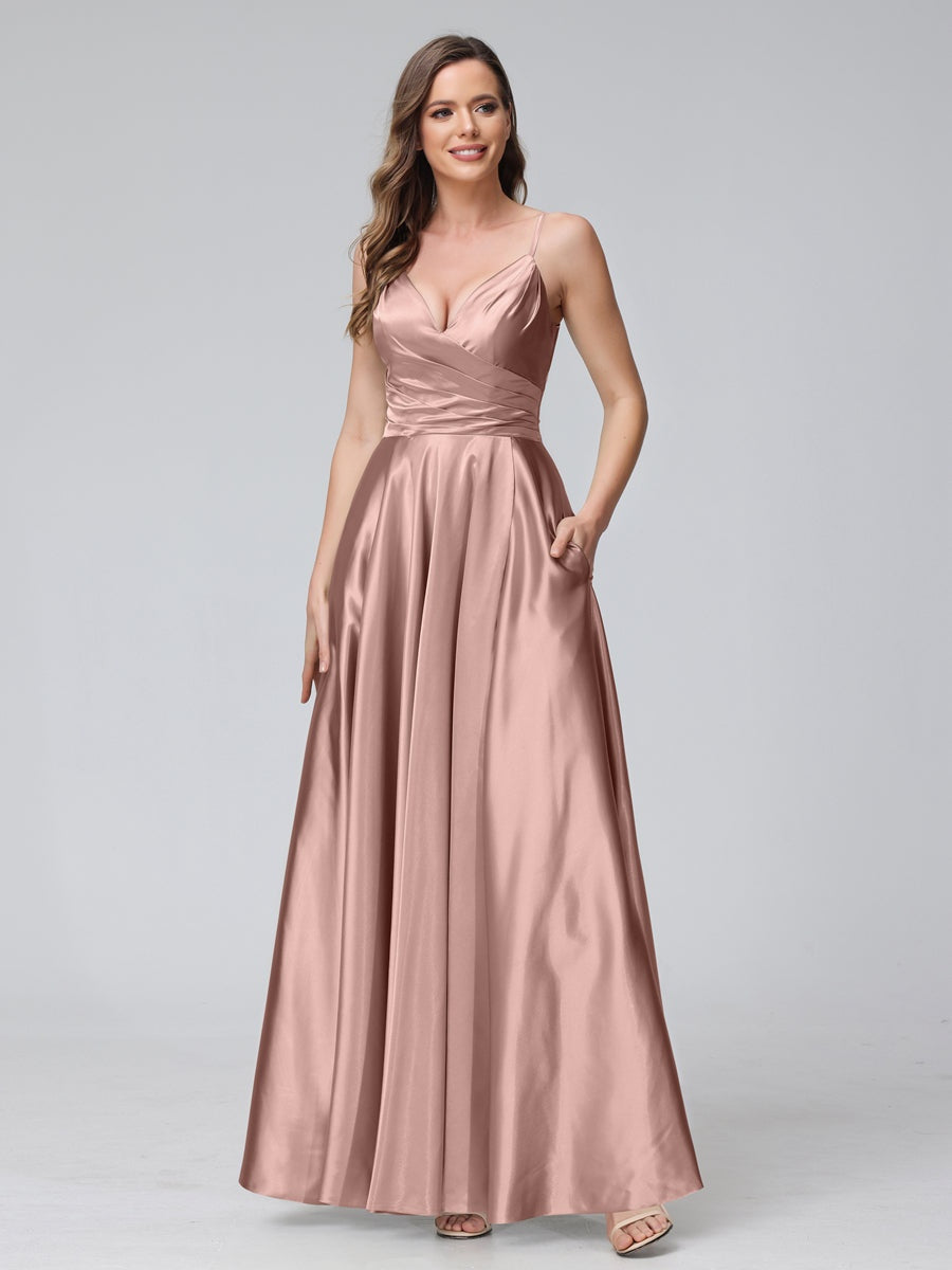 Vestidos de fiesta/damas de honor formales de seda satinada, corte A/Princesa, cuello en V, sin mangas, hasta el tobillo, con bolsillos y abertura lateral
