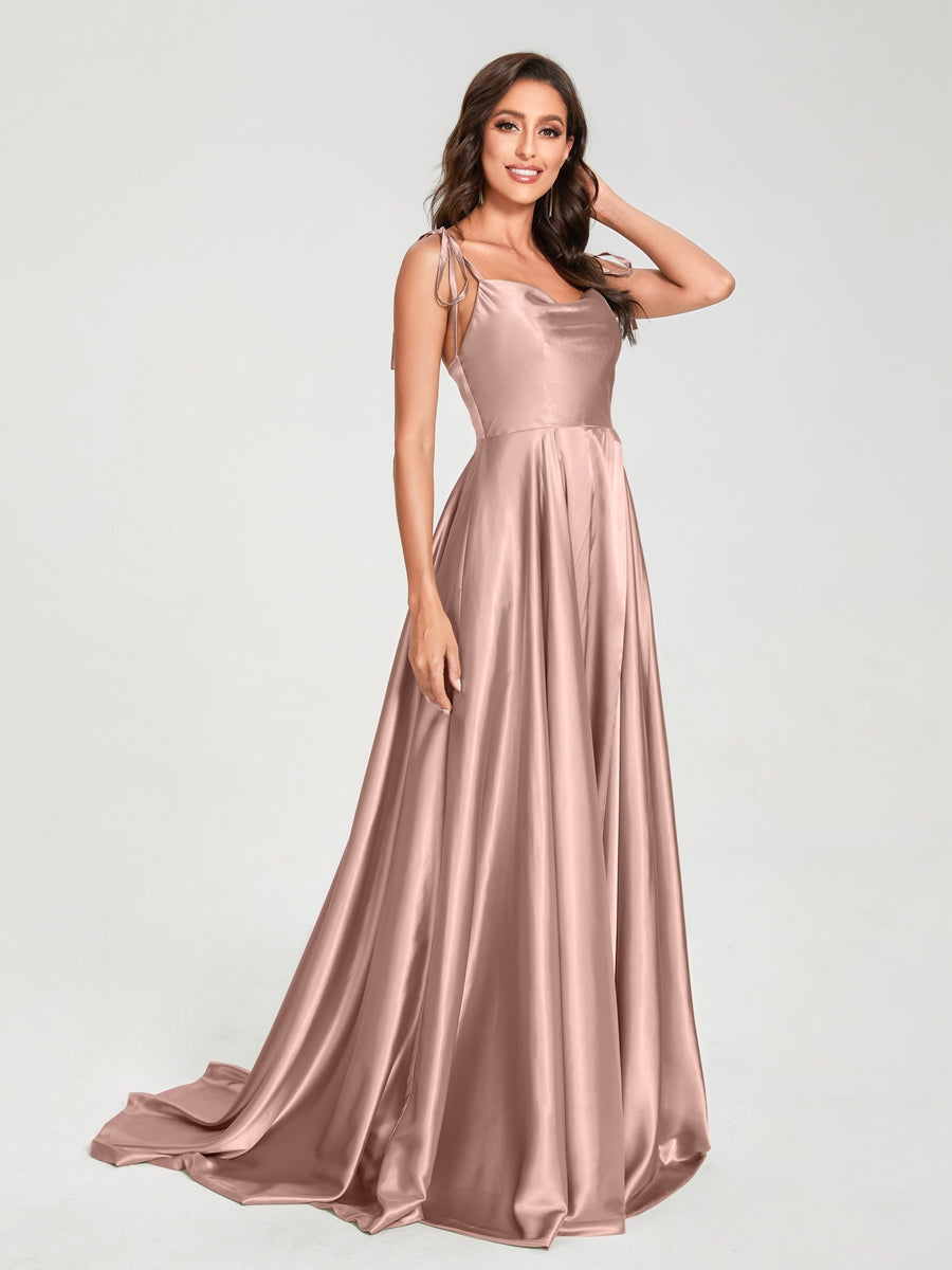 A-Line/Princess Spaghetti Straps Sleeveless Formal Evening Gown Floor-Length Bridemaid Dresses with Split Side