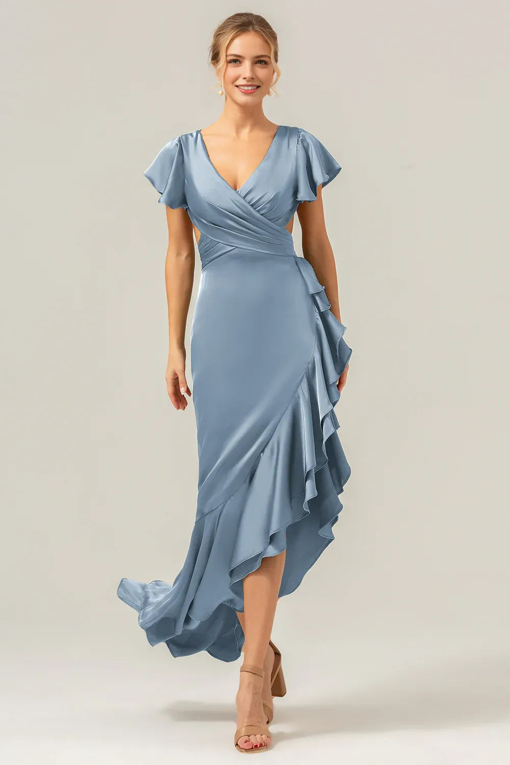 Refined Sheath V-Neck Flutter Sleeve Satin Side-Cutout Ruffle High-Low Formal Wedding Guest Dress