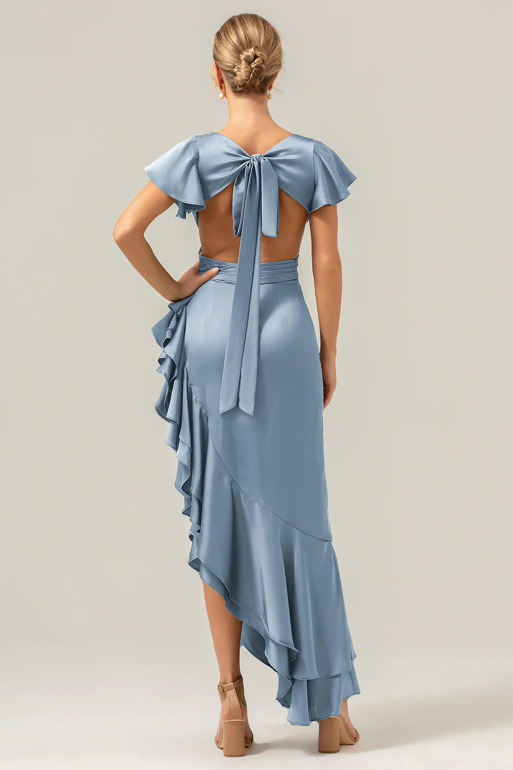 Refined Sheath V-Neck Flutter Sleeve Satin Side-Cutout Ruffle High-Low Formal Wedding Guest Dress