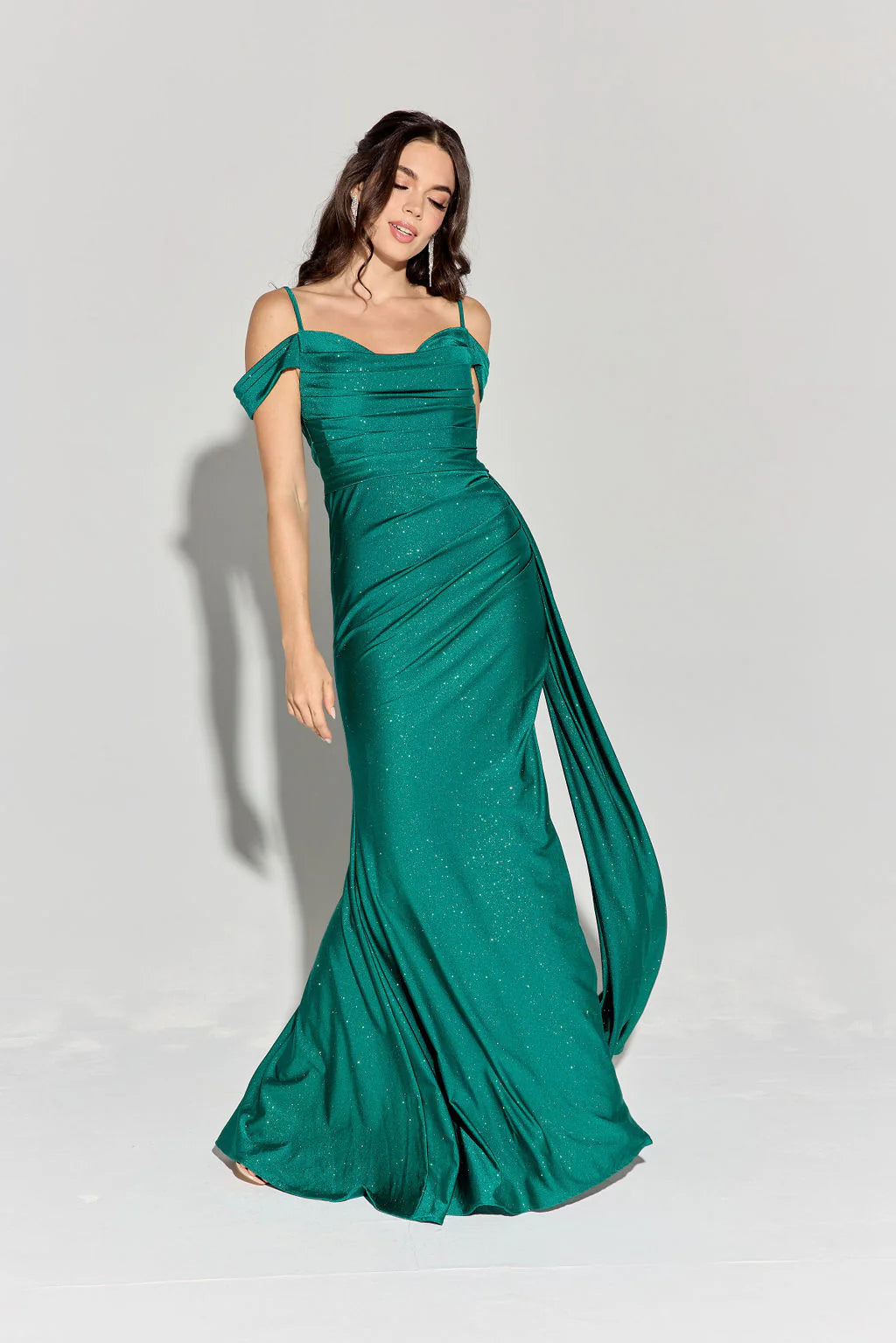 Elegant Mermaid Off-the-Shoulder Short-Sleeve Glitter Satin Floor-Length Ruched Slit Evening Gown