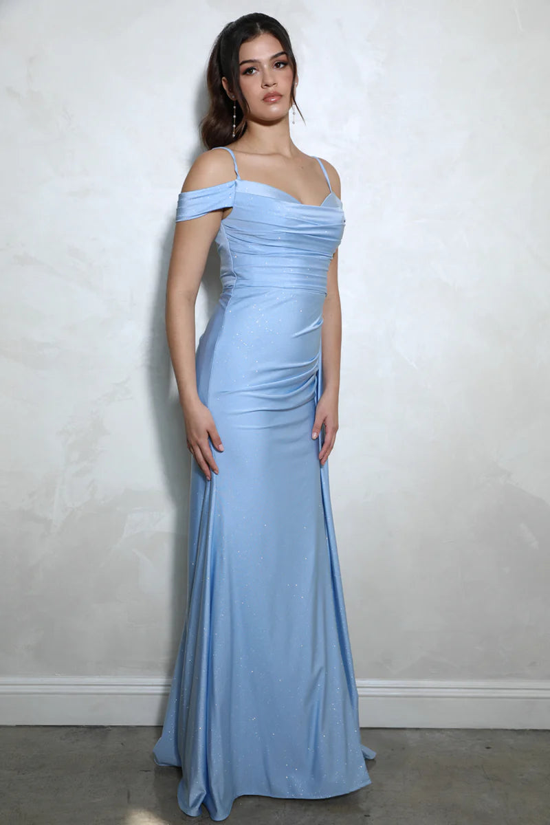 Elegant Mermaid Off-the-Shoulder Short-Sleeve Glitter Satin Floor-Length Ruched Slit Evening Gown