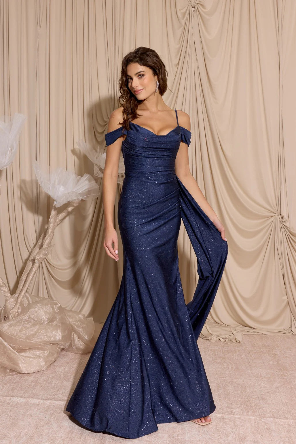 Elegant Mermaid Off-the-Shoulder Short-Sleeve Glitter Satin Floor-Length Ruched Slit Evening Gown