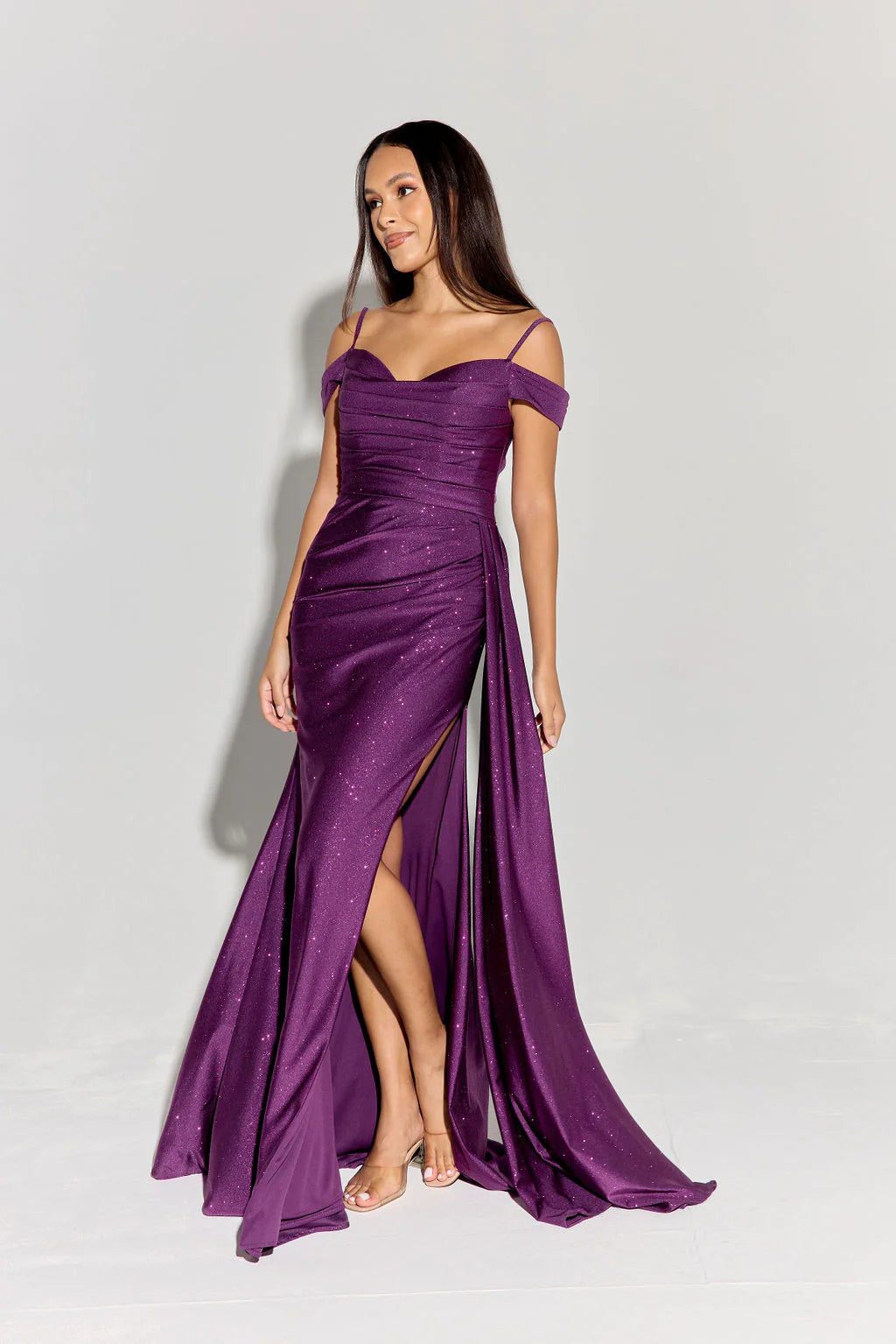 Elegant Mermaid Off-the-Shoulder Short-Sleeve Glitter Satin Floor-Length Ruched Slit Evening Gown