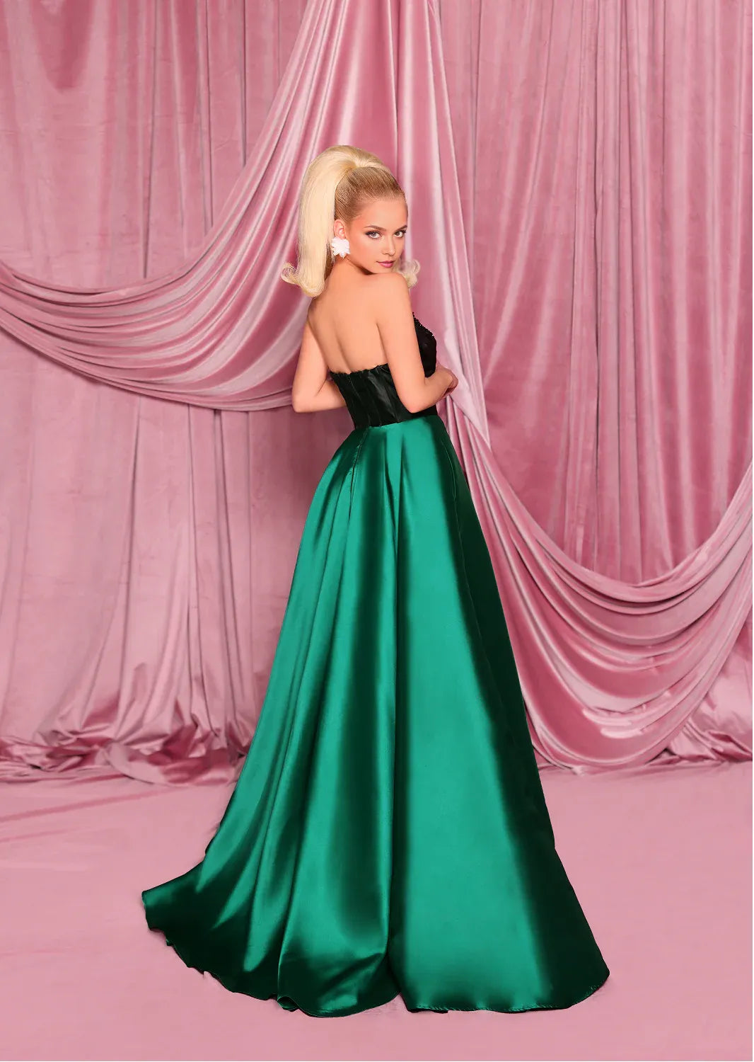 Dramatic A-Line Sweetheart Strapless Satin Two-Tone Beaded Corset High Slit Prom Dress